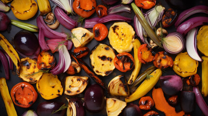 Complete view from above of roasted autumn vegetables bursting with vibrant colors..