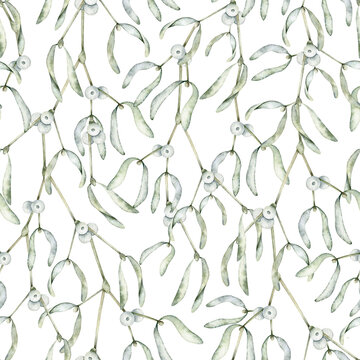 Mistletoe or Viscum branches with leaves and white berries. Christmas seamless pattern. Winter botanical Endless background. Hand drawn watercolor illustration for wallpaper, fabric, wrapping paper