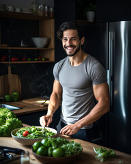 Muscular man wearing workout clothes and cooking salad in the kitchen with smile