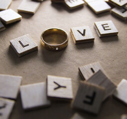 Love word on wooden blocks. Wooden blocks with letters on vintage background
