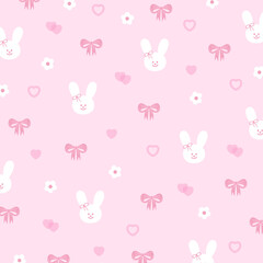 Illustration of pink ribbon, bunny, flower, heart on pastel pink background for girly fabric, Valentine card, easter pattern, pink wallpaper, kid clothes, pet shop, zoo, gift wrap, packaging, paper