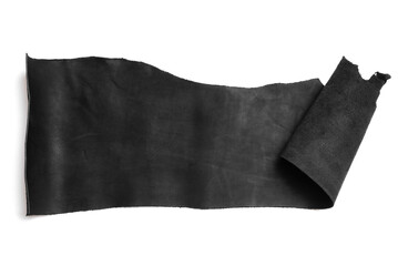 Black leather piece isolated on white background. Top view.
