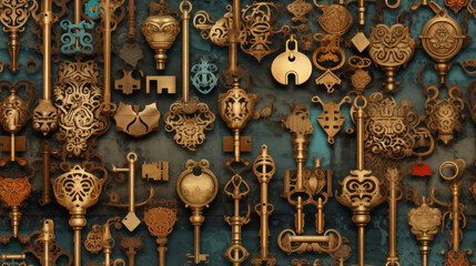 Seamless pattern background featuring a collection of vintage keys and locks - obrazy, fototapety, plakaty