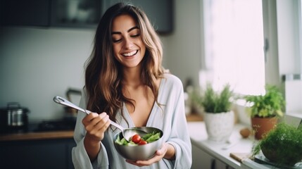 Image of a beautiful Caucasian woman using a cooking ladle spoon to enjoy a bowl of soup filled with fresh vegetables in her home kitchen. - obrazy, fototapety, plakaty