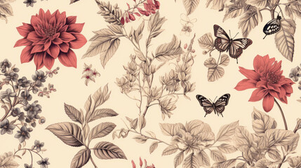 Seamless pattern background featuring a collection of vintage botanical illustrations with flowers and leaves in muted colors - obrazy, fototapety, plakaty