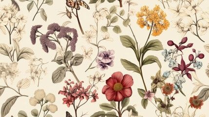 Seamless pattern background featuring a collection of vintage botanical illustrations with flowers and leaves in muted colors - obrazy, fototapety, plakaty