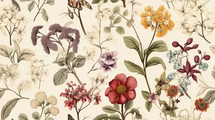 Fotobehang Seamless pattern background featuring a collection of vintage botanical illustrations with flowers and leaves in muted colors © Keitma