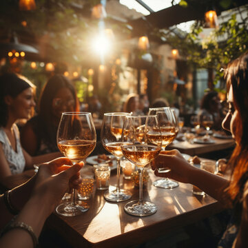 Young cheerful people toast each other with glasses raised, AI generated