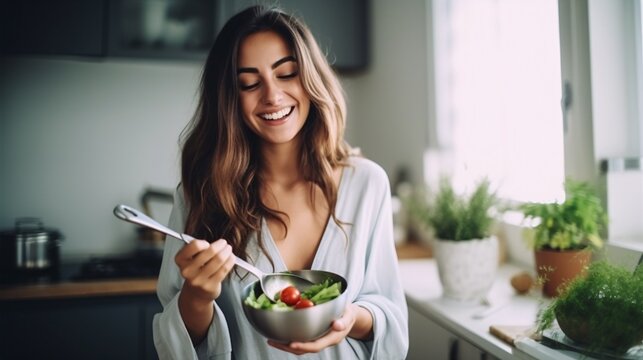 Image Of A Beautiful Caucasian Woman Using A Cooking Ladle Spoon To Enjoy A Bowl Of Soup Filled With Fresh Vegetables In Her Home Kitchen.