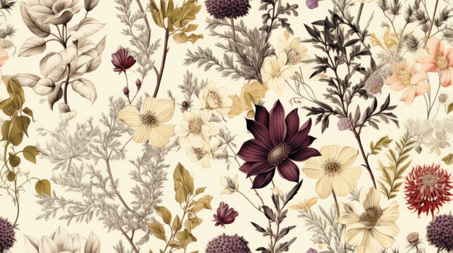 Seamless pattern background featuring a collection of vintage botanical illustrations with flowers and leaves in muted colors