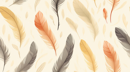 Seamless pattern background showcasing a collection of hand-drawn feathers arranged in a slightly randomized manner, with varying sizes and angles