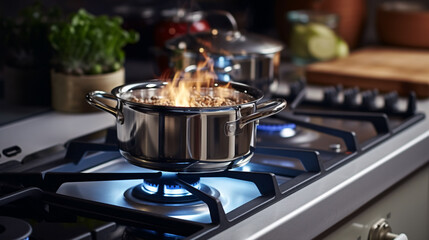 Saucepan on a hob with flames coming out of it like a chip pan fire