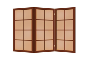 Brown folding screen with wooden frame and paper walls to use in interior as divider. Three-fold paravan in japan style. Vector illustration.