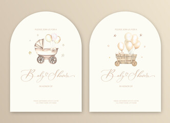 Naklejka premium Cute baby shower watercolor invitation card for baby and kids new born celebration with baby carriage.