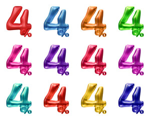 Set of 4 percent in 3d rendering isolated on transparent background for discount, promotion and sale concept
