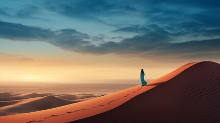 Mulher andando nas dunas de areia de uma praia sozinha