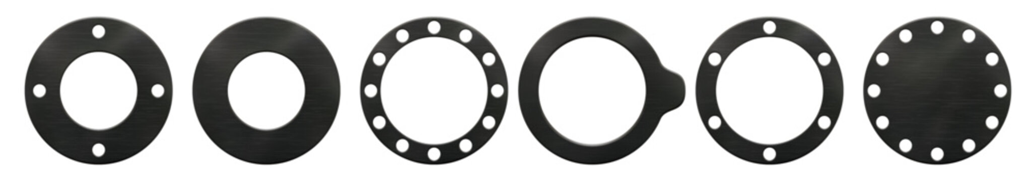 Set of round black rubber gaskets with various kind of holes and light texture. Insulation of pipelines and cars in flanged connections