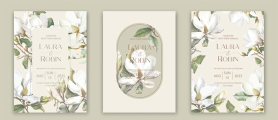 Garden Flowers Wedding Invitation Card Design, Magnolia Wedding Invite, Colorful Spring Floral Invitation Card. - obrazy, fototapety, plakaty