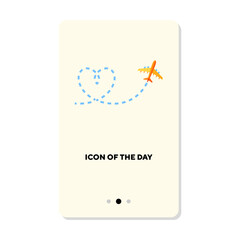 Airplane making heart path in sky flat vector icon. Passenger plane or jet flying top view isolated vector illustration. Air transportation, aviation, travel concept for web design and apps