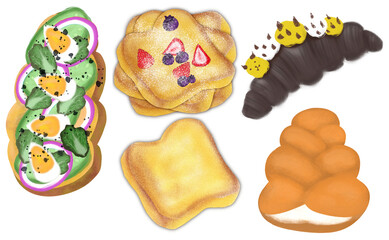 Bread set menu for breakfast, snacks, lunch such as bread, pancakes, croissants, cream coronet and avocado bread.