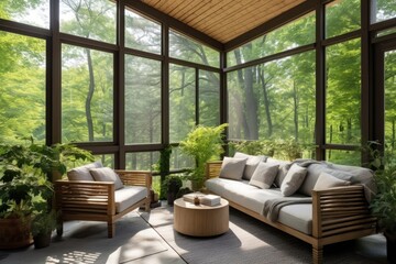 Contemporary screened porch with outdoor seating, forest scenery in summer.
