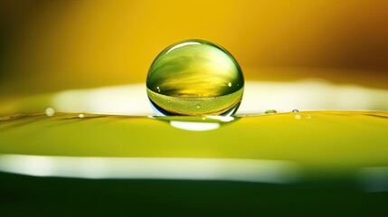  a drop of water that is sitting on a green surface.  generative ai