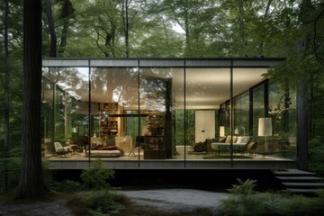 Fototapeta premium a house surrounded by trees and with internal content, seen from the front.