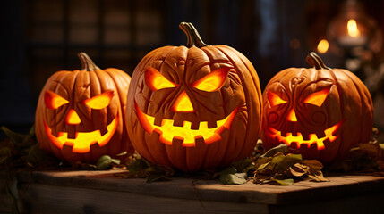 Vibrant orange pumpkins carved into wickedly grinning jack-o'-lanterns, ideal for adding a touch of spookiness to your Halloween social media posts