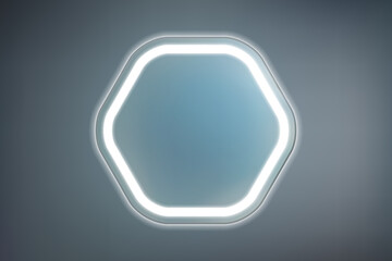 Hexagonal mirror with rounded corners with built-in white LED light on a dark wall. Contemporary bathroom lighting