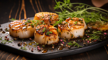 Grilled scallops with creamy lemon spicy sauce and herbs on black background.