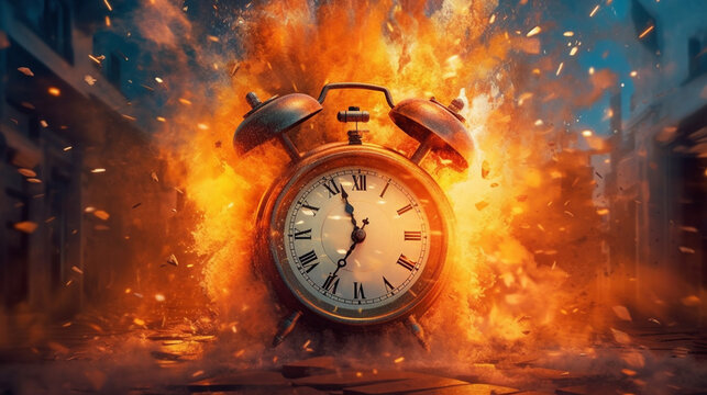 Dramatic Scene: Exploding Alarm Clock Engulfed in Fiery Flames - AI generated