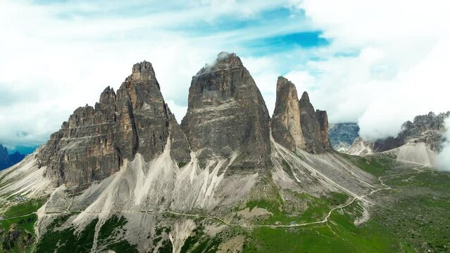Tre Cime di Lavaredo rocks shoot from drone. South Tirol, Europe, Italy.