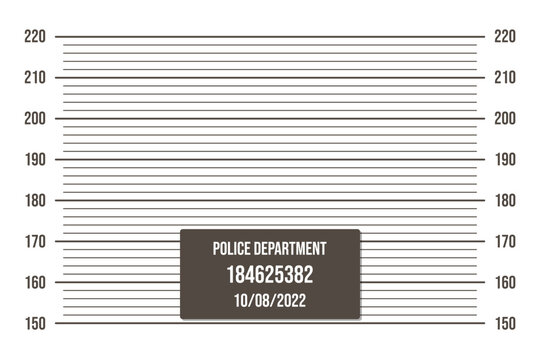 Vector mugshot scale from 150 to 220 cm on a white wall with a date plate in the foreground. Template for a police photograph to identify a suspect by height.