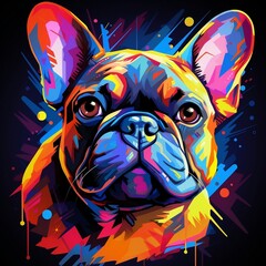 A vibrant neon French Bulldog, with a retro-inspired shirt design featuring geometric patterns