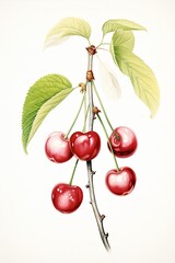 Simple, clean botanical illustration of a small bunch of red cherries attached to a single stem on an off-white background.