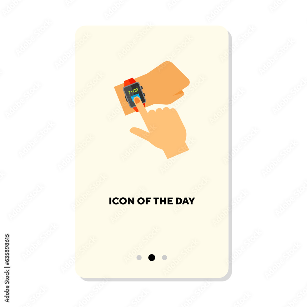 Poster hands pointing at digital watches flat vector icon. action with fingers touching electronic device i