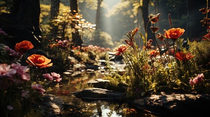  a stream running through a forest filled with lots of flowers.  generative ai