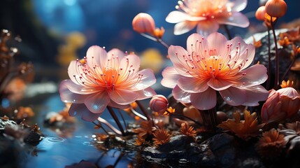  a group of pink flowers sitting on top of a puddle of water.  generative ai