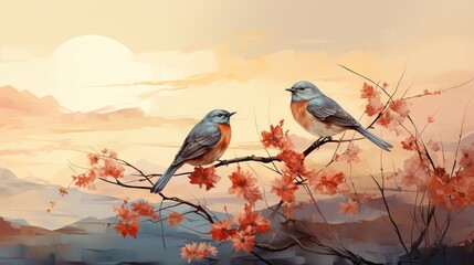  two birds sitting on a branch with red leaves in front of a sunset.  generative ai
