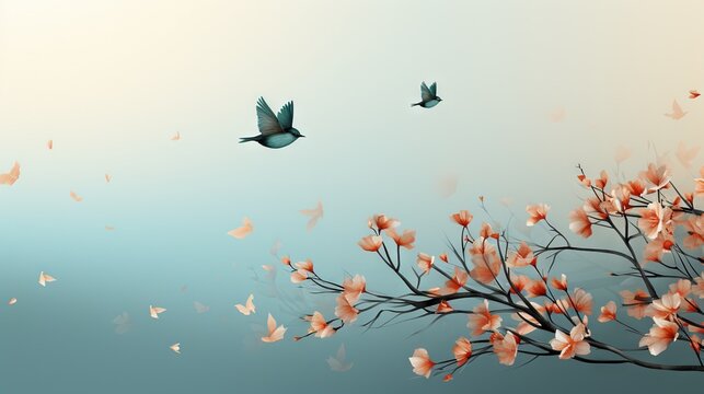  a couple of birds flying over a tree filled with flowers.  generative ai