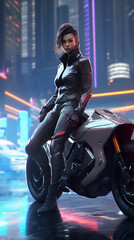 futuristic, a beautiful biker woman. cyberpunk. game character.