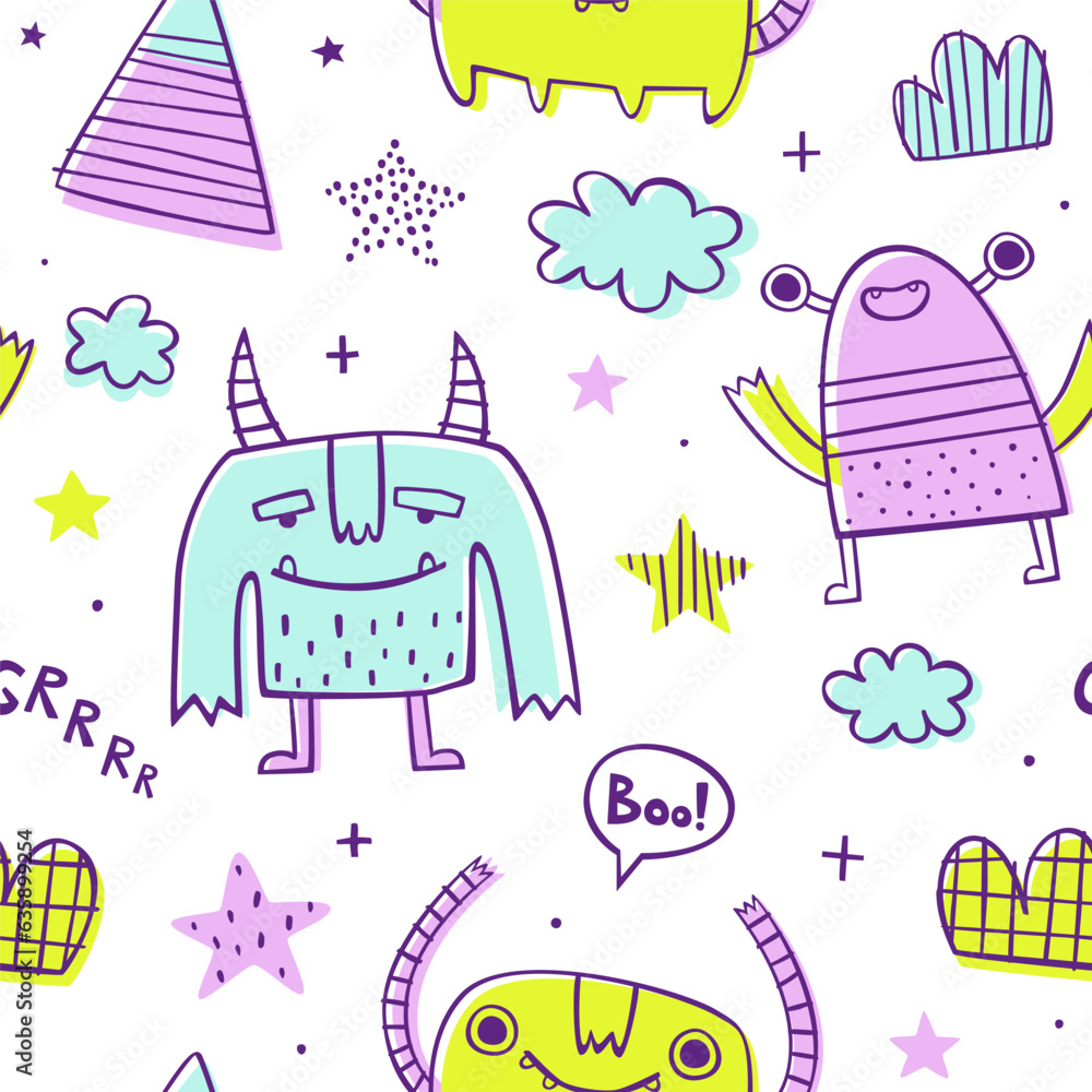 Wall mural seamless doodle pattern with sketch monsters for baby. abstract vector print with naive monsters for