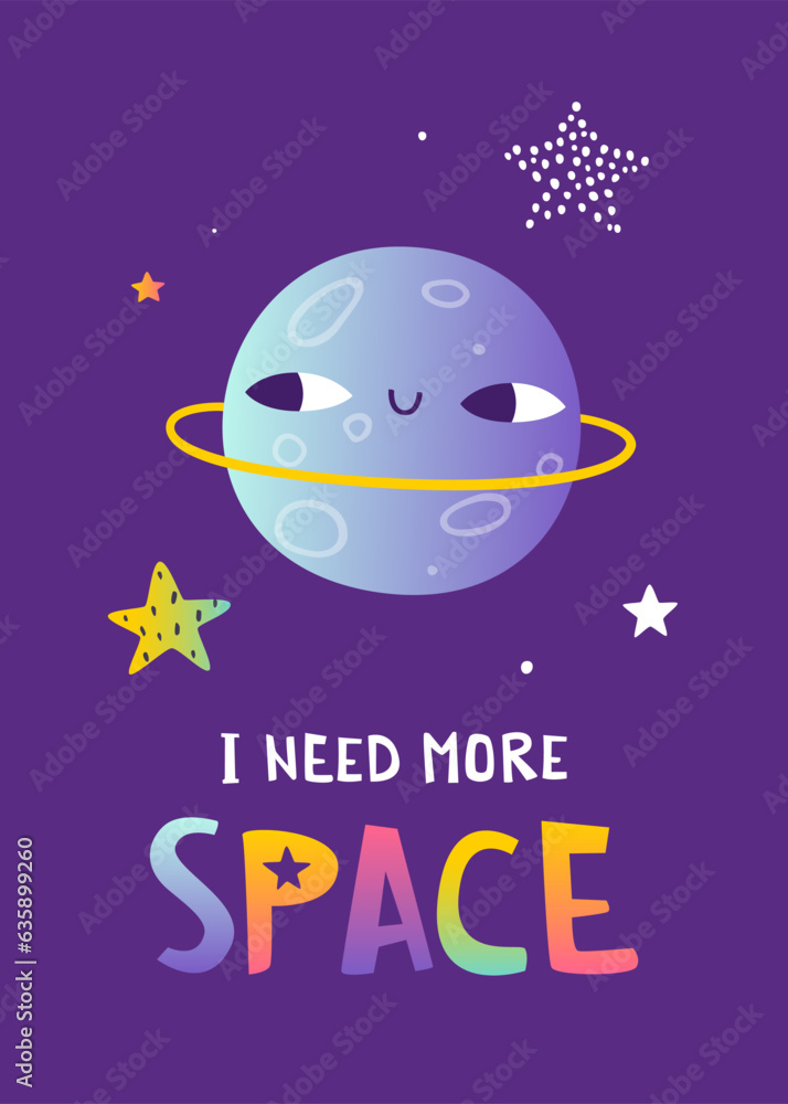 Poster abstract poster with smiling planet and lettering. trendy space print with stylized planet and text.