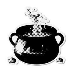 Pot with potion - Halloween halftone mixed media collage paper sticker. Dotted Vintage illustration in 90s zine Paper piece style.