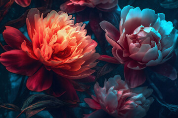 Obraz premium flower neon flora bloom bright colours peony nature blossom design. Generative AI.