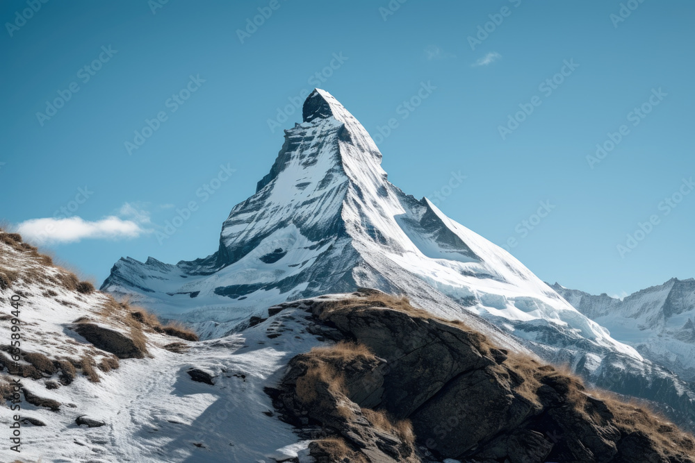Wall mural A rocky outcropping overlooking a snow-covered mountain peak. The mountain peak is sharp and triangular, blue sky - Wall murals