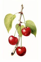Simple, clean botanical illustration of a small bunch of red cherries attached to a single stem on a white background.