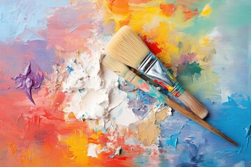 Obraz premium Birds eye view of a homemade paintbrush with assorted paint samples.