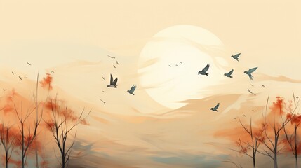  a painting of a sunset with birds flying in the sky.  generative ai