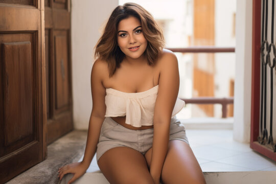 Young cute chubby mexican woman in short skirt, lipstick, beautiful eyes portrait